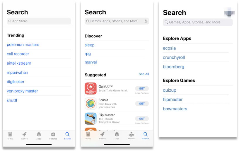 The new Search tab display in IOS 13 beta 